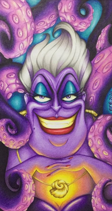 Ursula Painting Ideas, Disney Collage Drawing, Disney Characters Drawings Colored, Disney Villains Drawings, Ursula Drawing, Ursula Art, Disney Character Drawings, Evil Disney, Disney Drawings Sketches