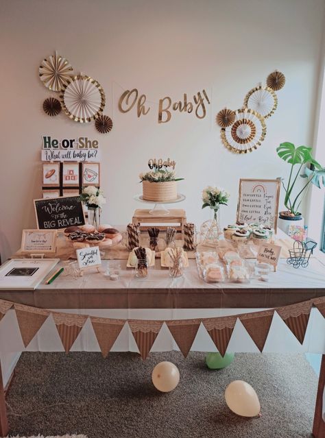 Green And Gold Gender Reveal Party, Peach And Green Gender Reveal, Earth Tone Gender Reveal, Gender Reveal Decorations Neutral Colors, Gender Reveal Green And Gold, Minimal Gender Reveal Decor, Gender Reveal Ideas Gender Neutral, Brown And White Gender Reveal, Gender Reveal Ideas Brown