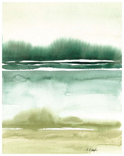 Green Landscape Painting, Peaceful Green, Minimalist Art Abstract, Abstract Landscape Art, Fluid Abstract, Watercolor Calligraphy, Original Watercolor Art, Watercolor Landscape Paintings, Green Wall Art