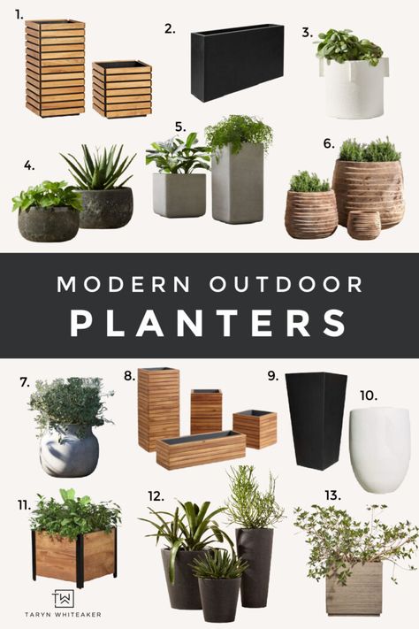 Rustic Modern Dining Tables - Taryn Whiteaker Designs Outdoor Patio Planters And Decor, White Planters Outdoor, Patio Planter Ideas, Modern Flower Pots, Garden Remodel, Modern Rustic Dining Table, Modern Outdoor Planters, Minimal Garden, Modern Yard