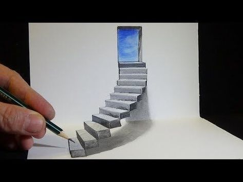 Drawing Stairs to the Door - How to Draw 3D Steps - Anamorphic Illusion - Vamos - YouTube #Illusion Drawing Stairs, How To Draw Stairs, How To Draw 3d, 3d Pencil Drawings, Stair Art, Draw 3d, Trick Art, Illusion Drawings, 3d Art Drawing