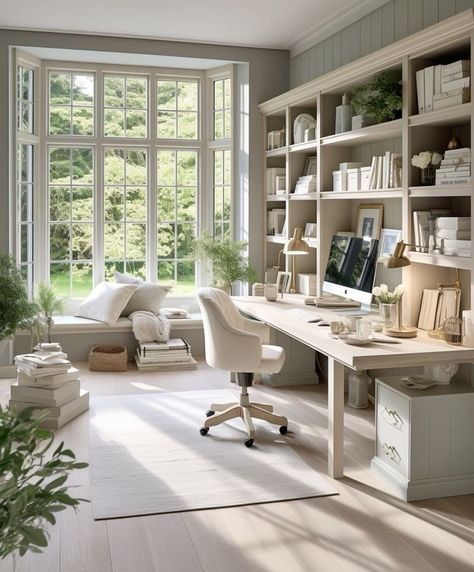 Home Office / Library, Study Room Library Office Ideas, Parisian Study Room, Create An Office Space In Living Room, Mediterranean Home Office Ideas, Small Home Office With Window, Cottage Home Office Ideas, Home Office With 2 Desks, Library And Office Room