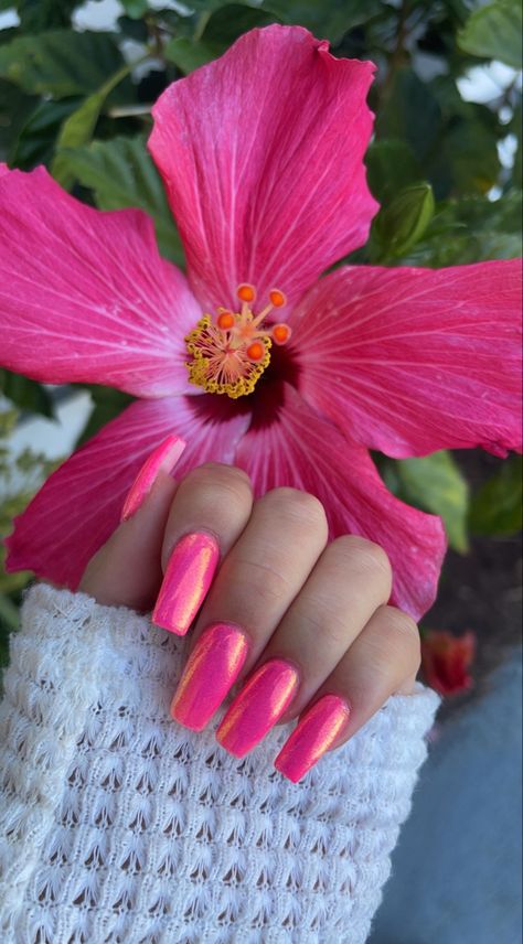 Hot Pink Neon Nails, Summer Acrylic Nails Stiletto Shape, Hot Pink Unicorn Nails, Hot Pink Glazed Nails, Hot Pink Chrome Nails Square, Nails To Match Hot Pink Dress, Summer Dip Nail 2024 Trends, Barbie Chrome Nails, Magenta Chrome Nails