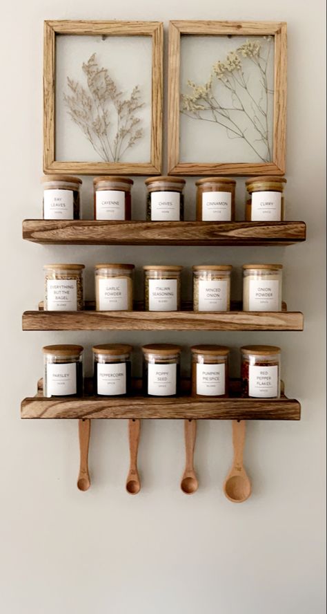 Floating Shelf Spice Rack, Kitchen Shelves Spices, Spice Rack Small Space, Kitchen Wall Spice Rack Ideas, Modern Spice Rack Wall, Seasoning Shelf Kitchen, Decorative Spice Racks, Kitchen Spice Shelves, Wall Hanging Spice Rack