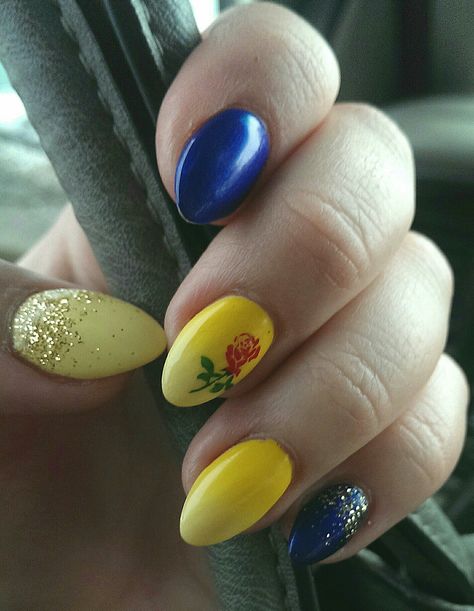 Beauty and the Beast subtle nails Disney Tangled Nail Designs, Beauty Beast Nail Designs, Beauty And Beast Nails Art Ideas, Beauty Beast Nails, Disney Beauty And The Beast Nails, Bueaty And The Beast Nails, Disney Nails Beauty And The Beast, Beauty And The Beast Themed Nails, Beauty And The Beast Wedding Nails