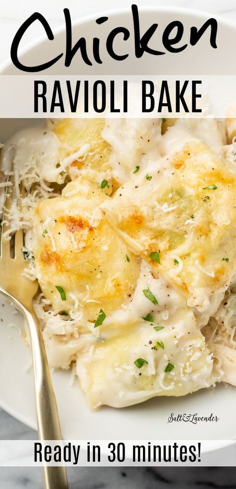 a bowl of baked pasta with a fork and text overlay that reads chicken ravioli bake - ready in 30 minutes! Alfredo Ravioli Bake, Chicken Alfredo Ravioli, Ravioli Bake Recipe, Ravioli Dinner Ideas, Easy Baked Ravioli, Cheesy Chicken Alfredo, Alfredo Ravioli, Make With Rotisserie Chicken, Baked Ravioli Recipe