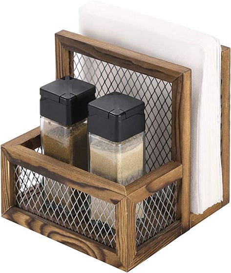 Burnt Wood Kitchen, Napkin Holder Ideas, Shaker Storage, Longhorn Design, Wine Cafe, Farmhouse Napkin Holders, Condiment Bottles, Farmhouse Napkins, Rustic Napkins