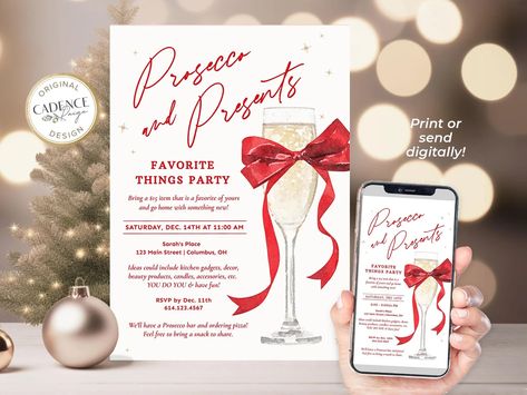 Prosecco and Presents Favorite Things Party Invitation With Bow, Favorite Things Holiday Party Invite, Holiday Brunch, Digital Printable DIY - Etsy A Few Of My Favorite Things Party, Christmas Pj Party Invitations, Christmas Favorite Things Party, Favorite Things Christmas Party, Holiday Favorite Things Party, Holiday Brunch Invitations, Favorite Things Party Invitation, My Favorite Things Party, Holiday Themed Party