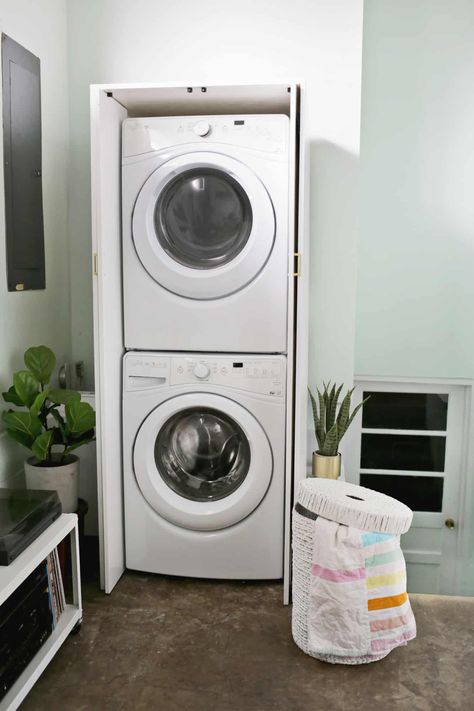 Hidden Washer And Dryer, Washer Dryer Cabinet, Dryer Cabinet, Cottage Laundry, Laundry Room Stackable, Property Layout, Sunroom Makeover, Washer Dryer Kitchen, Stackable Laundry