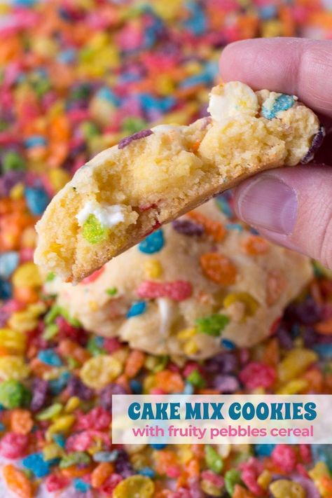 Fruity Pebbles Cake, Fruity Pebbles Cookies, Pebbles Cake, Fruity Pebble Cookies, Fruity Pebbles Cereal, Cake Mix Cookie Recipes, Vanilla Cake Mixes, School Snack, Birthday Cake Recipe