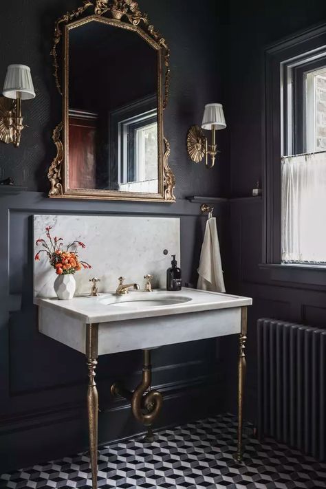 15 Dark Bathroom Color Ideas That Really Amp Up the Drama Bathroom Color Ideas, Black Clawfoot Tub, Small Light Fixtures, Navy Blue Tile, Dark Bathroom Ideas, Black Painted Walls, Dark Bathroom, Dark Bathrooms, White Tub