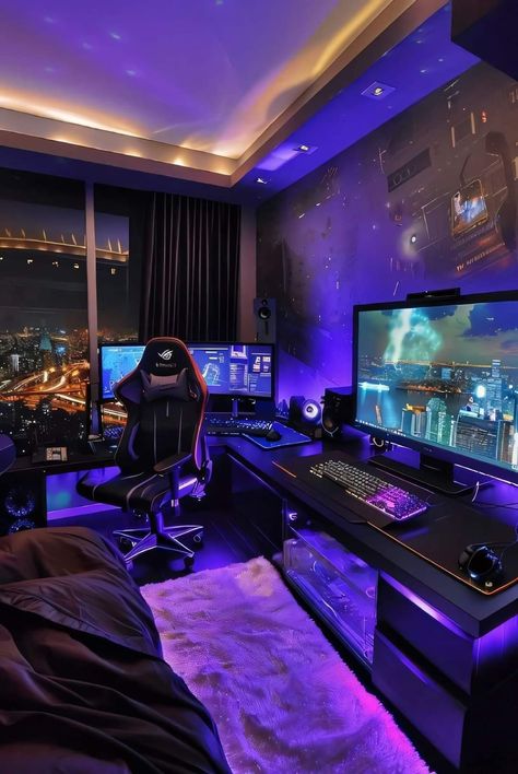 Luxurious Gaming Room, Bunker Room, Gaming Setup Bedroom, Imvu Backgrounds, Office Decore, Games Room Inspiration, Gaming Bedroom, Gamer Bedroom, Small Game Rooms