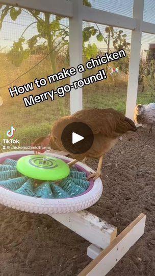 Chicken Merry Go Round Diy, Chicken Diy Toys, Chicken Toys Ideas Easy Diy, Diy Chicken Accessories, Chicken Enrichment Diy, Chicken Toys Diy, Chicken Run Enrichment, Chicken Pen Ideas Diy, Chicken Toys For Coop Diy