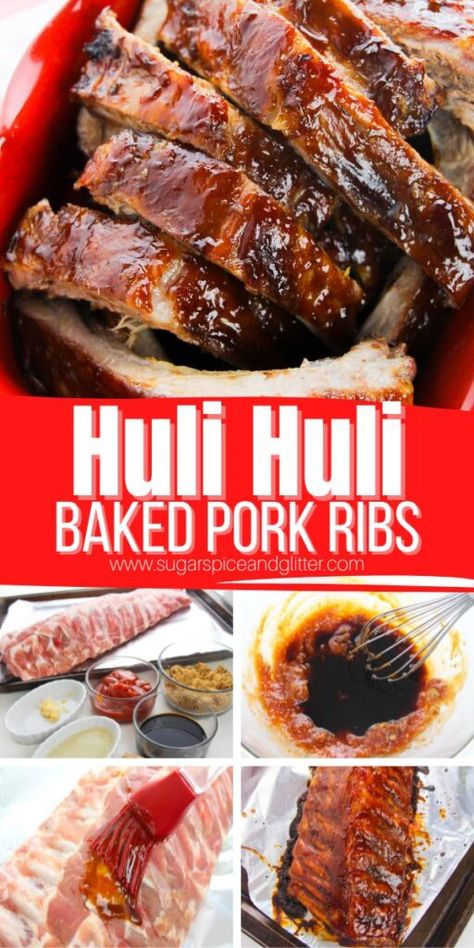 Huli huli ribs are sweet with just the right amount of acidic tang. The brown sugar in the marinade helps the rib fat char beautifully to impart a slightly smoky flavor to the ribs. Juicy, succulent and flavorful Hawaiian rib recipe perfect for Hawaiian plate lunches. Recipes With Ribs, Hawaiian Ribs Crockpot, Recipes For Boneless Pork Ribs, Hawaiian Dishes Parties, Maui Ribs Recipe, Hawaiian Short Ribs, Hawaiian Ribs Recipe, Char Siu Ribs Recipe, Pineapple Ribs