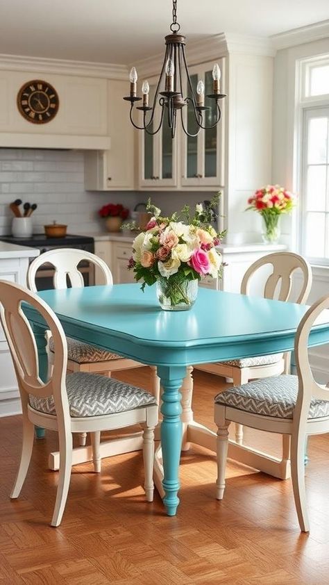 7 Stunning Kitchen Table Makeover Ideas to Refresh Your Space Diy Paint Kitchen Table, How To Paint Kitchen Table, Painted Dinner Table Ideas, Refinishing A Table, Paint Dining Room Table And Chairs, Round Kitchen Table Makeover, Painted Kitchen Table And Chairs, Table Makeover Ideas, Vintage Yellow Kitchen