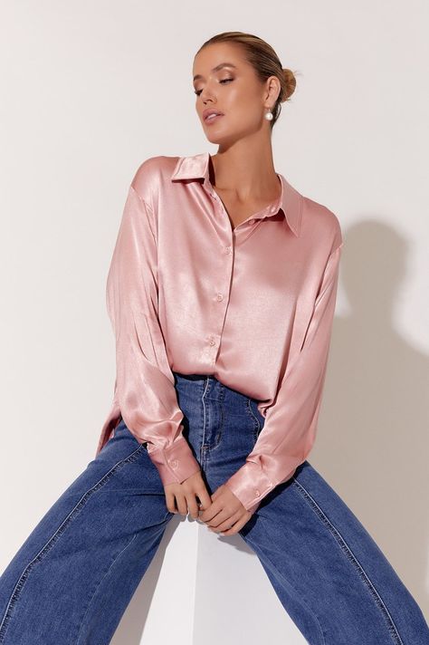 Brooklyn Satin Shirt (Pink) - 8 Pink Shirt Outfit, Autumn Capsule Wardrobe, Summer Capsule, Summer Capsule Wardrobe, Satin Shirt, European Summer, Style Mistakes, Pink Shirt, Shirt Outfit