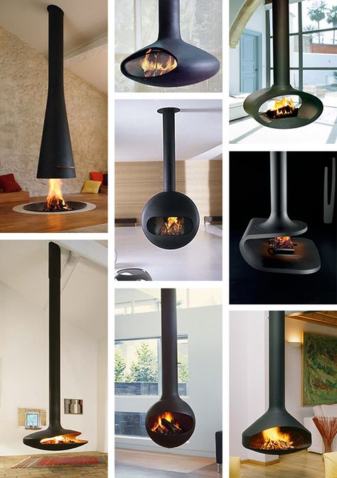 suspended-fireplace Design Camino, Suspended Fireplace, Hanging Fireplace, Vintage Industrial Decor, Stove Fireplace, Home Fireplace, A Frame House, Wood Burner, Modern Fireplace