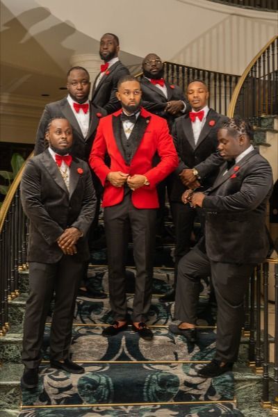 groomsmen colors | Grooms men attire | Groomsman suits | Groomsmen looks | Groomsmen outfit ideas | Groom and groomsmen photos | Groom luxury suit | Luxury suits for men | Men's tuxedo wedding | Black tuxedo wedding Black And Red Wedding Groomsmen, Bridesmaid Dresses Red And Black, Black Tux Red Tie Wedding, Red Wedding Party Color Schemes, Red Black Bridesmaid Dresses, Wedding Ideas Groomsmen Attire, Red Black And Gold Wedding Bridesmaid Dresses, Black Red And Silver Wedding Theme, Red Black And White Bridesmaid Dresses