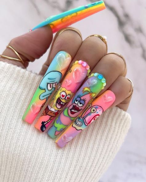 Spongebob Nails Designs, Spongebob Valentines, Nail Ideas For Spring, Spongebob Nails, Valentines Nail, Nails Styles, Cartoon Nails, Nail Salon Design, Punk Nails