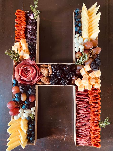 Charcuterie Board Ideas With Letters, Letter B Charcuterie Board, Letter J Charcuterie Board, Letter Box Charcuterie, Number Trays For Food, Letter Food Platter, Letter Board Charcuterie, Paper Mache Number Charcuterie, Charcuterie In Letter Boxes