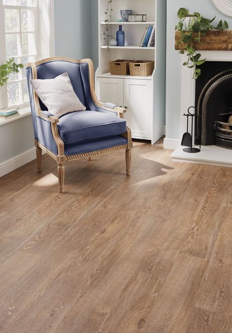 Honey Oak LVP flooring shown in a coastal styled living room, followed by a close-up angled image. Karndean Vinyl Plank Flooring, Oak Vinyl Plank Flooring, Oak Wood Flooring, Karndean Flooring, Light Golden Brown, Oak Wood Floors, Honey Oak, Brown Tone, Reclaimed Timber