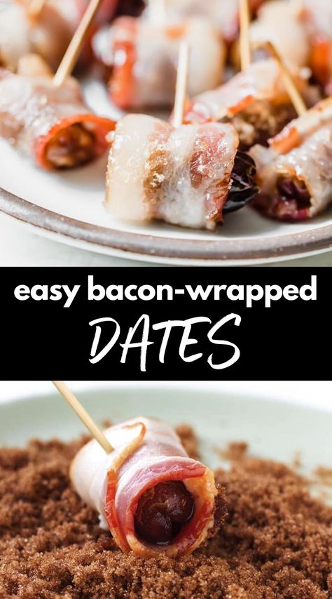 Nye Apps, Spain Dishes, Dates With Goat Cheese, Nye Appetizers, Bacon Wraps, Bacon Wrapped Recipes, Bacon Dates, Wrapped Dates, Easter Food Appetizers