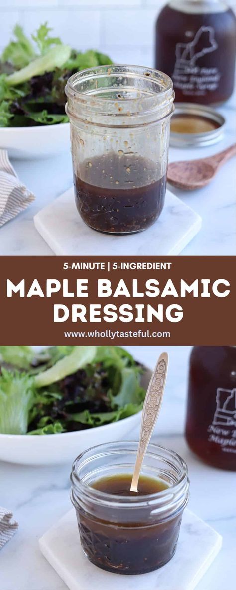 Maple Balsamic Salad Dressing is simple and quick to make with just a few ingredients, and is great on everything from salads to roasted veggies or or even on beef, chicken, fish, or pork! Salad Dressing Creamy, Balsamic Salad Dressing, Homemade Balsamic Dressing, Maple Balsamic Dressing, Balsamic Salad, Creamy Sauces, Salad With Balsamic Dressing, Maple Balsamic, Greek Salad Dressing