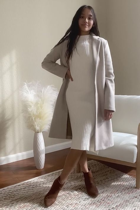 Camel Booties Dress, Tan Dress Winter Outfit, Womens Cream Sweater Dress, Sweater Dress And Coat Outfit, White Midi Sweater Dress, Long Ribbed Dress Outfit Winter, White Bodycon Dress Outfit Winter, Midi Dress And Boots Outfit Winter, Oatmeal Sweater Dress Outfit