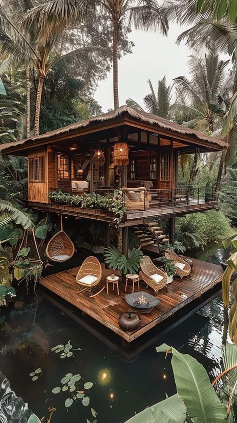 Jungle Tiny House, Tiny Tropical House, House Over Water, Jungle Cabin, Tropical Cabin, Jungle Resort, Jungle House, Tree House Designs, Bamboo House