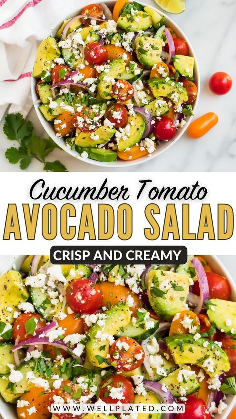 Recipes With Cucumber And Tomato, Avacado Tomato And Cucumber, Tomatoe Avocado Salad Healthy, Tomato Cucumber And Avocado Salad, Cucumber Tomato Avocado Salad Recipes, Cucumber Summer Salad, Cucumber Tomato Avacado Salad, Tomatoe Cucumber Salad, Cucumber Avocado Tomato Salad