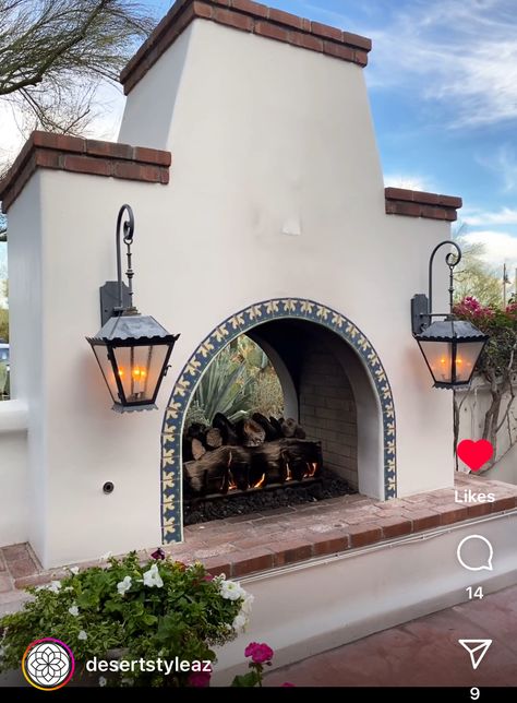 Hacienda Fireplace, Spanish Terrace, Spanish Fireplace, Spanish Backyard, Outdoor Stone Fireplaces, Backyard Escape, Cedar House, Rental Ideas, Spanish Bungalow