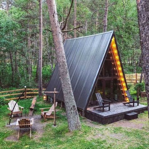 A Frame Cabin in the Magnificent Pine Forest - Living in A Tiny Ny House, Mini Cabin, Mountain Land, Pond House, Cabin Aesthetic, Garden Tool Shed, Forest Cabin, A Frame House Plans, Frame Cabin