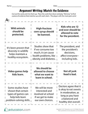 Fourth Grade Reading & Writing Worksheets: Argument Writing: Match the Evidence Argumentative Text, Match Worksheet, Argument Writing, Reading Comprehension Texts, Argument Essay, College Essay Examples, Poetry Analysis, Review Tips, History Essay