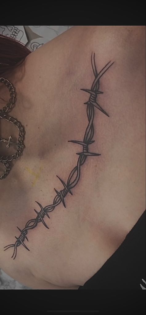 Barbed Wire On Collar Bone, Barb Wire Chest Tattoo, Barb Wire Tattoo Around Leg, Barbed Wire Garter Tattoo, Barbed Wire Stomach Tattoo, Barbed Wire Collarbone Tattoo, Female Collarbone Tattoo, Barbwire Tattoo Thigh, Edgy Collar Bone Tattoo