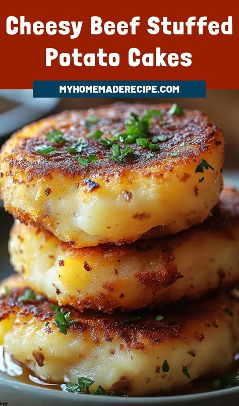 Stuffed Baked Potato Recipes, Stuffed Potato Cakes, Stuffed Baked Potato, Potato Cakes Recipe, Stuffed Potato, Stuffed Baked Potatoes, Ground Beef And Potatoes, Potato Patties, Grated Potato