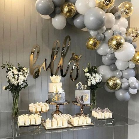 Gray is 💗 Event Stationery, Birthday Table Decorations, Gold Confetti Balloons, White Balloons, Confetti Balloons, Baby Shower Balloons, Balloon Garland, Wedding Event, Party Balloons