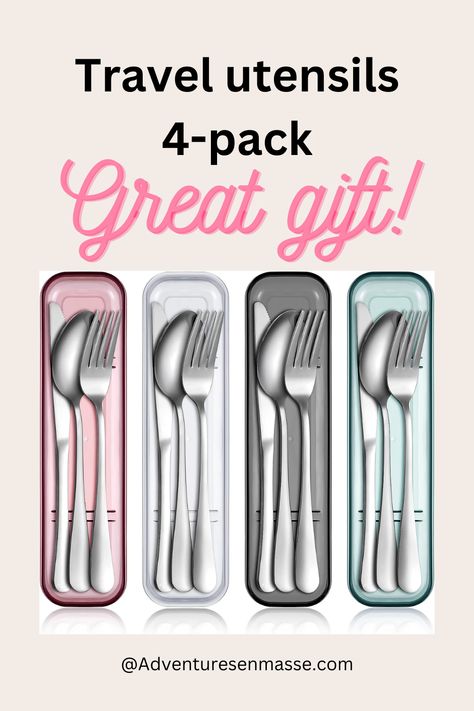 This is a great traveller gift/stocking stuffer! 4Pack Portable Travel Utensils Set with Case Reusable Stainless Steel Silverware Flatware Camping Cutlery Include Fork Spoon Knife with Case for Work School Dishwasher Safe (White, Green, Red, Black). One for each family member, with their own color. #affiliate Flatware Box, Camping Cutlery, Fork Spoon Knife, Travel Utensils, Stainless Steel Silverware, Stainless Steel Utensils, Spoon Knife, Utensils Set, Utensil Set