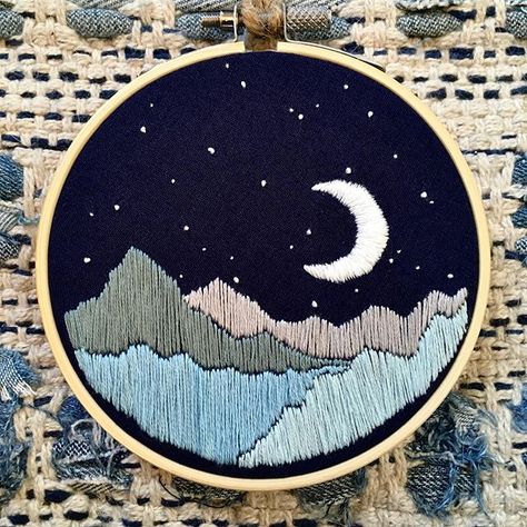 embroidery, mountains, night, nighttime, night sky, stars, moon Beginning Embroidery, Mountains Night, Moon Embroidery, Sky Stars, Needle Crafts, Hand Embroidery Kit, Stars Moon, Hand Embroidery Projects, Pola Sulam