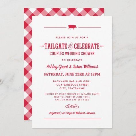 $2.92 | Tailgate and Celebrate Red Wedding Couples Shower #wedding, couples wedding shower, bbq barbeque party, gingham plaid, casual outdoor summer event, backyard, typography, bride and groom, red, tailgate and celebrate Wedding Shower Bbq, Tailgate Wedding, Couples Wedding Shower Themes, Couples Shower Invitation, Barbeque Party, Wedding Shower Themes, Couples Bridal Shower, Couple Wedding Shower, Couples Baby Showers