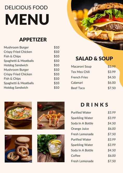 Vintage Food menu price list template. Editable with canva. Diy Menu Cards, Hotel Menu, Chicken Menu, Burger Menu, Mushroom Burger, Food Menu Template, Food Template, Restaurant Menu Template, Appetizer Menu