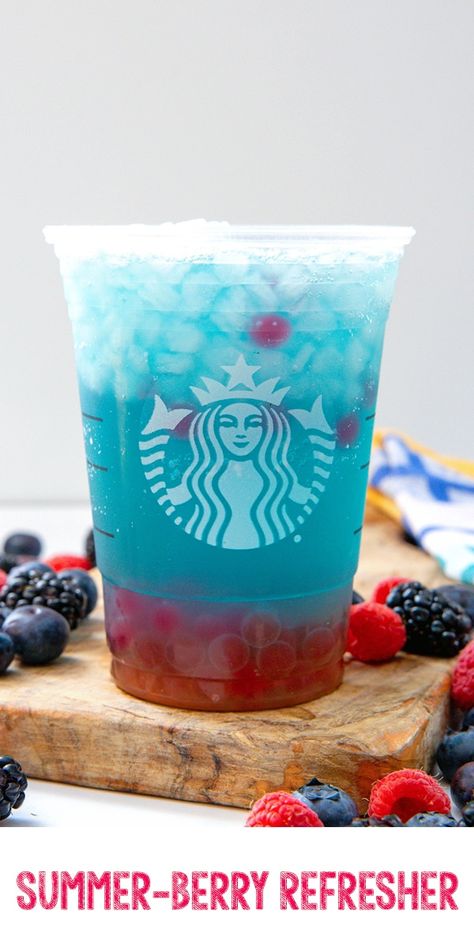 Summer-Berry Refresher {Starbucks Copycat} -- Summer is here at Starbucks and the new Summer-Berry Refresher is a blue-hued drink packed with the sweet taste of berries and featuring raspberry pearls that burst with even more flavor. This easy copycat recipe will let you enjoy the drink at home all summer long (and beyond)! via @wearenotmartha Summer Berry Refresher, Blue Raspberry Lemonade Recipe, Refresher Starbucks, Spring Drinks, Berry Popsicles, Blue Raspberry Lemonade, Raspberry Drink, Spring Drink, Berry Drinks