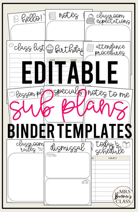 These editable sub plan binder templates will help you be ready for those days you need someone else to fill in. Use to create a sub binder, so it's ready in a pinch, and you can put your mind at ease! Binder Templates Free, Substitute Teacher Binder, Substitute Folder, Lesson Plan Binder, School Procedures, Sub Binder, Preschool Supplies, Elementary Physical Education, Binder Templates