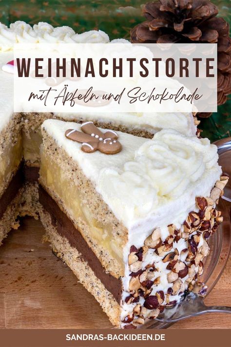 Bei mir gibt es heute eine leckere Weihnachtstorte mit Äpfeln und Schokolade und vielen Nüssen. Zu Weihnachten dürfen traumhafte Torten die mit Zimt und Haselnüssen gebacken werden, einfach nicht fehlen. Mit dieser Torte könnt Ihr Eure Lieben so richtig schön verwöhnen. Winter Torte, German Food Authentic, Crepe Cake, Layered Cake, Roll Cake, Cookie Cake, Christmas Baking, Cake Cookies, Cake Pops