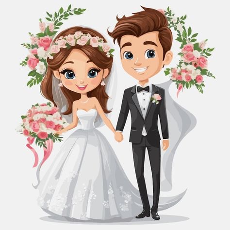 Wedding Cartoon Images, Wedding Cartoon, Anniversary Images, Bride And Groom Cartoon, New Year Card Design, Wedding Artwork, Wedding Vector Art, Wedding Caricature, Baby Photo Frames