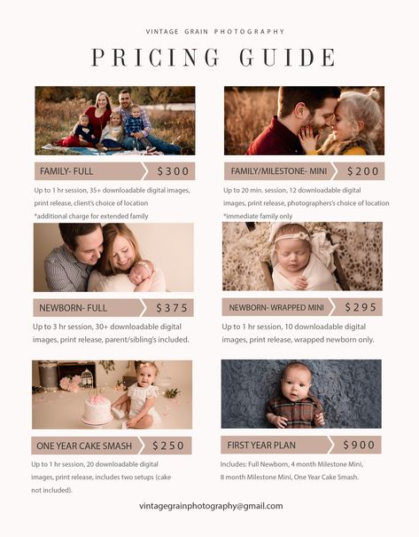 Family Photography Price List, Mini Session Pricing Guide, Photography Packages Ideas, First Time Photographer, Mini Photo Session Pricing, Pricing Photography Sessions, Photoshoot Package Prices, Event Photography Pricing, Photo Shoot Price List