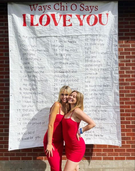 Ways To Say I Love You Sorority, Sorority Banner Recruitment, Sisterhood Themes Sorority, Love Sorority Theme, Chi Omega Banner Ideas, Sorority Event Themes, Sorority Banners Recruitment, Sisterhood Round Recruitment, Sorority Formal Banner