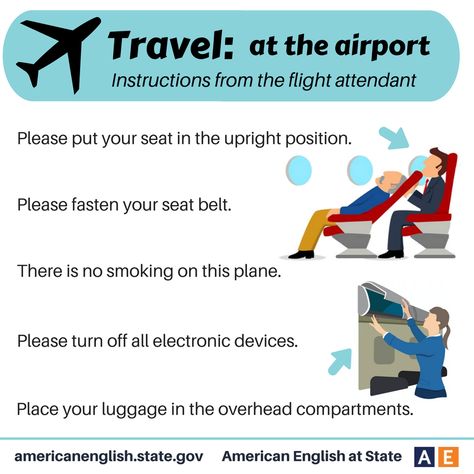 Phrases - Travel: At the Airport - Instructions from the flight attendant Airport Phrases, Airport English, Esl Travel, Travel Language, The Flight Attendant, Travel English, Teaching Vocabulary, Travel Words, Teaching Skills