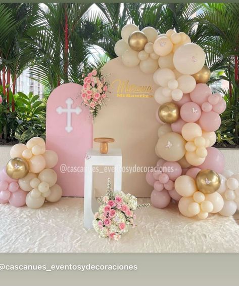 Cielito Lindo Theme Bautizo Girl, Baptism Theme Ideas Girl, First Communion Balloon Garland, Baptism Party Ideas Girl, First Comunion Decoracion Ideas, 1st Birthday And Baptism Ideas Girl, Baptism Backdrop Girl, Baptismal Decorations Girl, Girl Bautizo Ideas Decoration