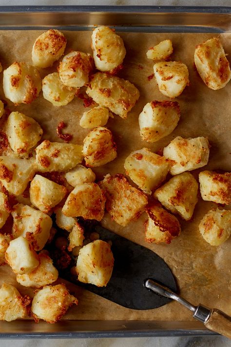 Extra-Crispy Parmesan-Crusted Roasted Potatoes Recipe - NYT Cooking Tuna Frittata, Parm Potatoes, Pomegranate Recipe, Crusted Potatoes, Parmesan Crusted Potatoes, Parmesan Roasted Potatoes, Cheese Crust, Parmesan Potatoes, Fall Cooking