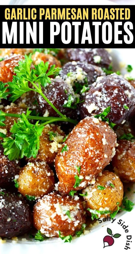 Garlic Parm Mini Potatoes, Creamery Potatoes Recipes, Small Whole Potatoes Recipes, Multi Colored Potato Recipes, Dinner Ideas With Small Potatoes, Mixed Potato Recipes, Loaded Mini Potatoes, Healthy Mini Potato Recipes, Small Potato Side Dishes